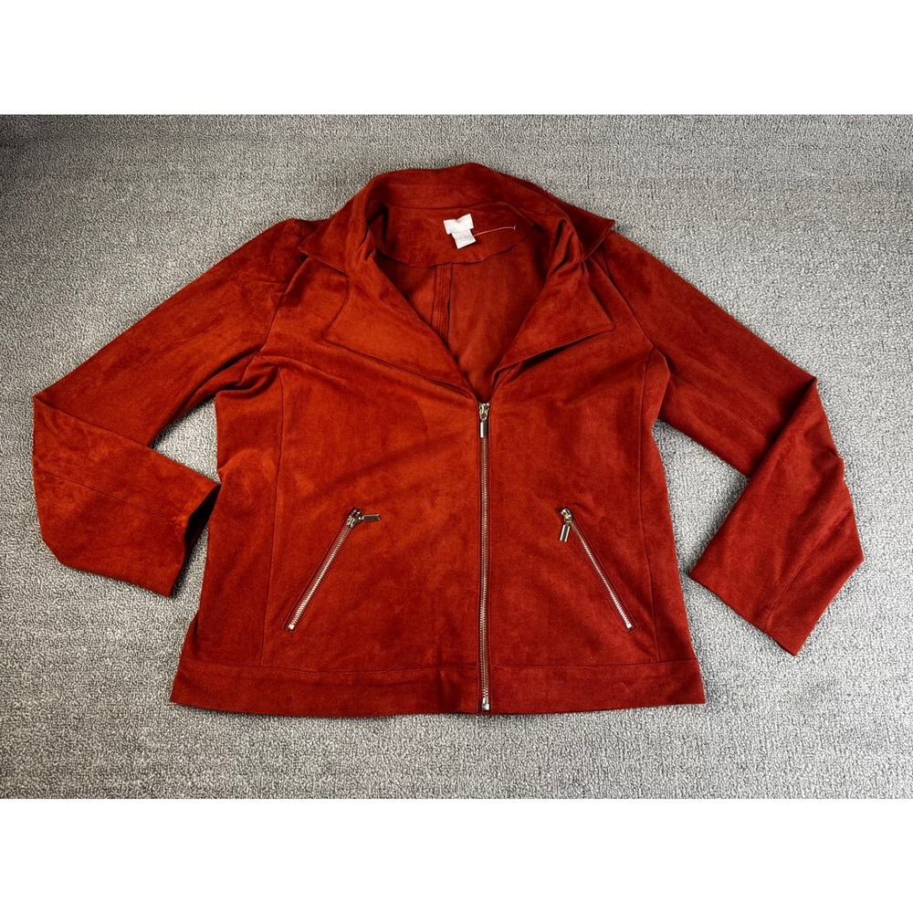 Chicos Jacket Womens Medium Rust Orange Faux Suede Moto Full Zip Stretch Chico 1